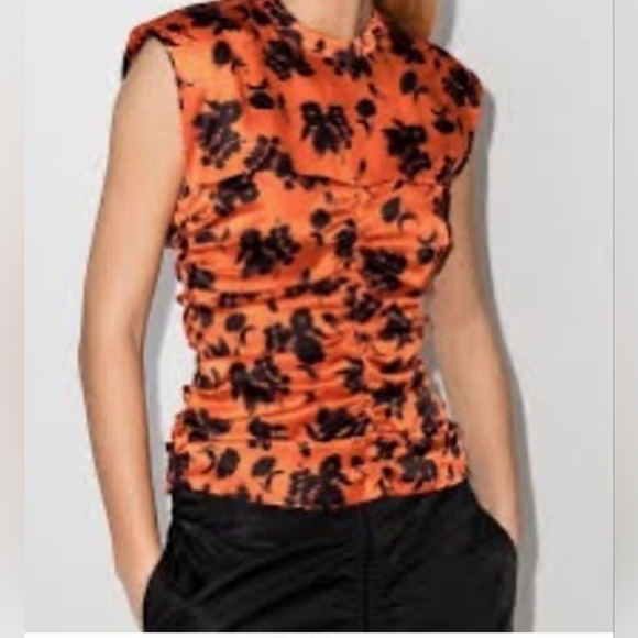 GANNI silk orange and black stretch floral print ruched size M - Picture 4 of 13